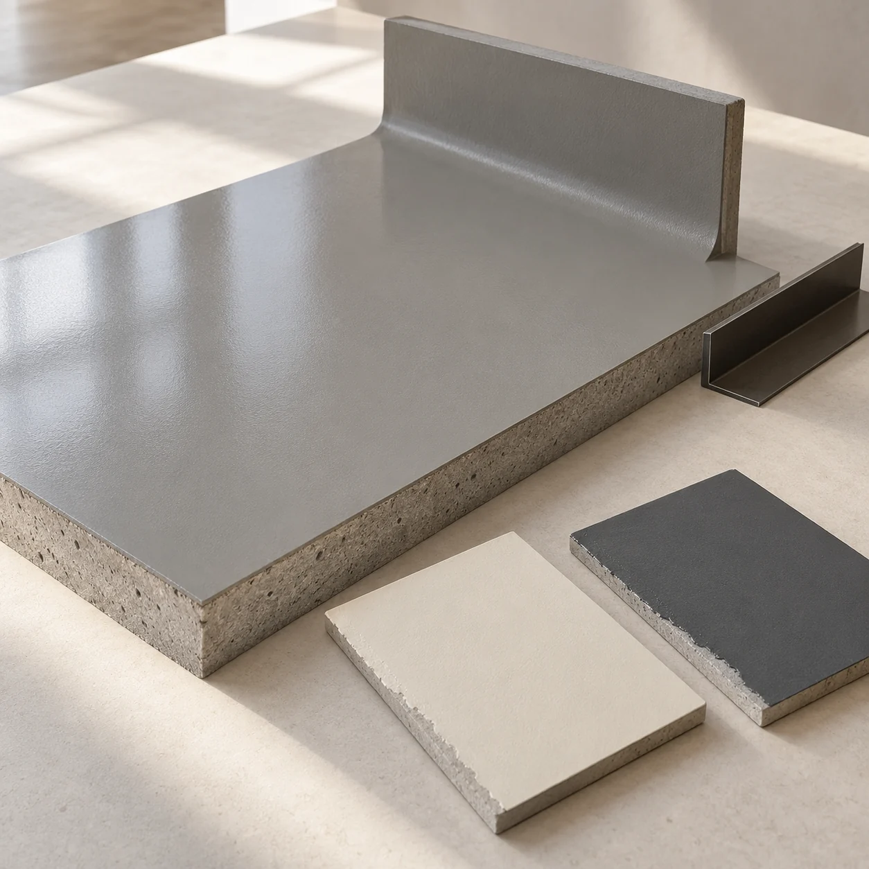 AI material study of a satin epoxy coating over a mineral substrate with a coved junction and finish cards.