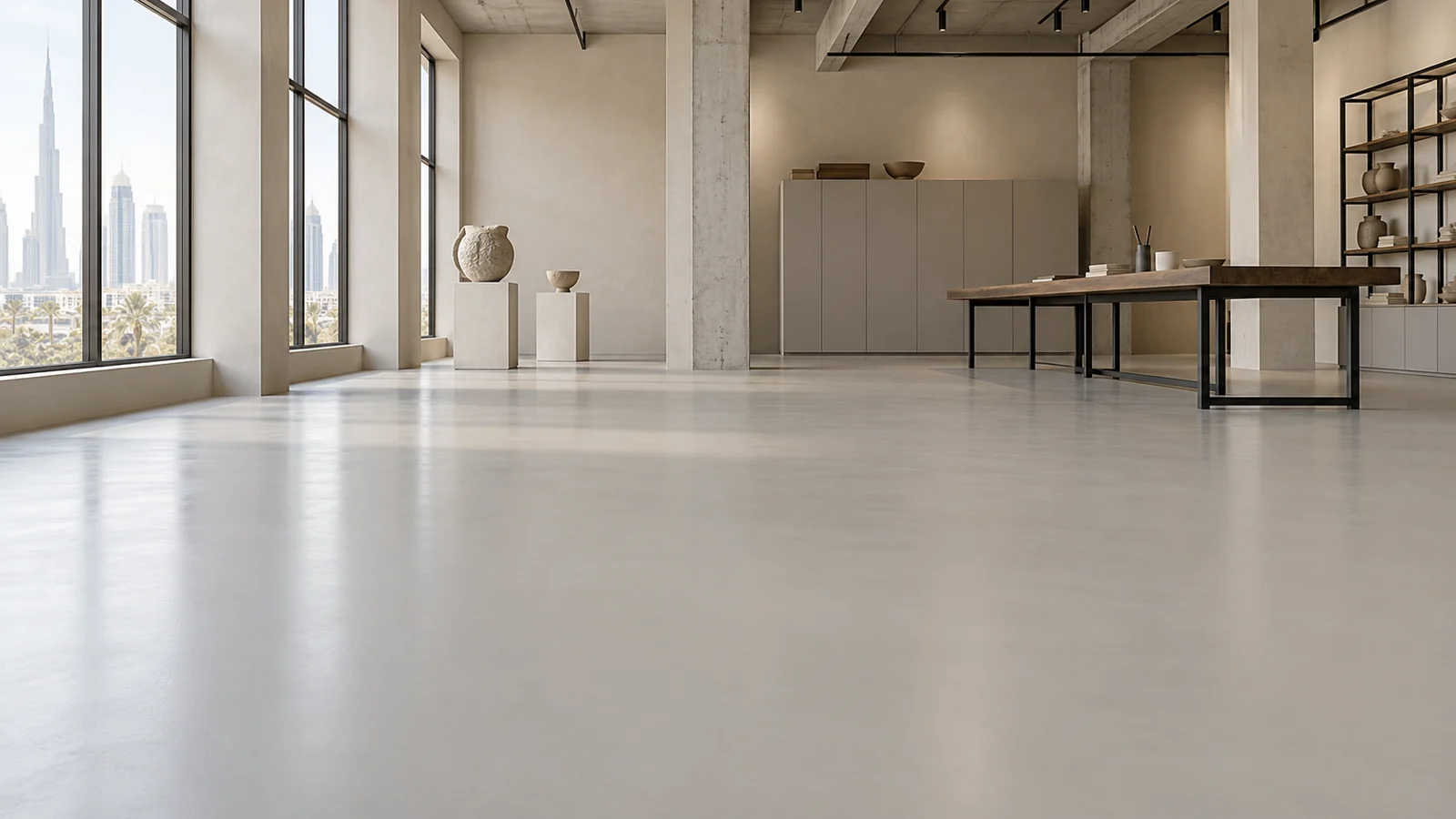 AI concept of a functional gallery and workshop with a satin warm-grey epoxy-coated floor.