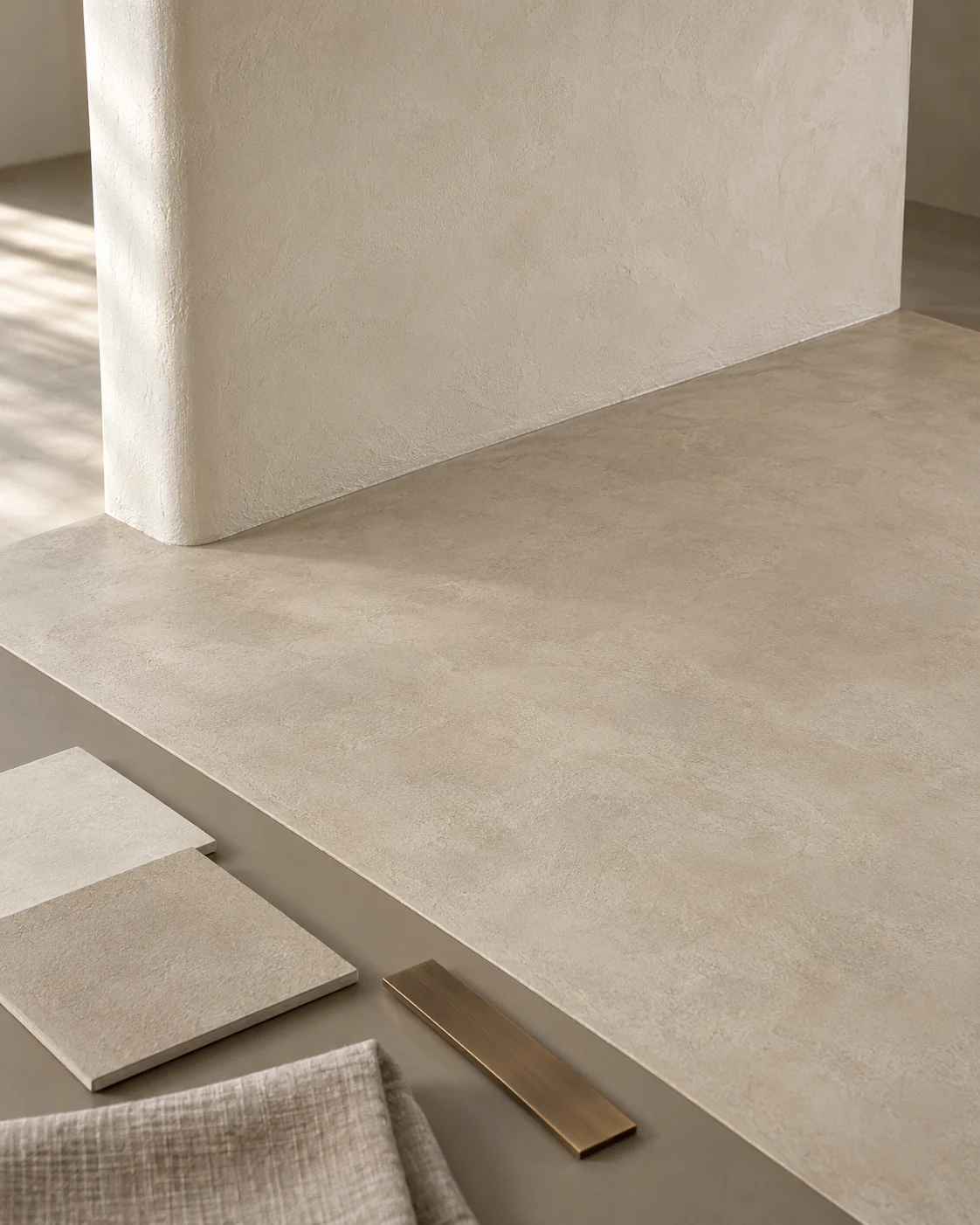 AI material study of finely trowelled microtopping wall and floor finishes with neutral sample cards.