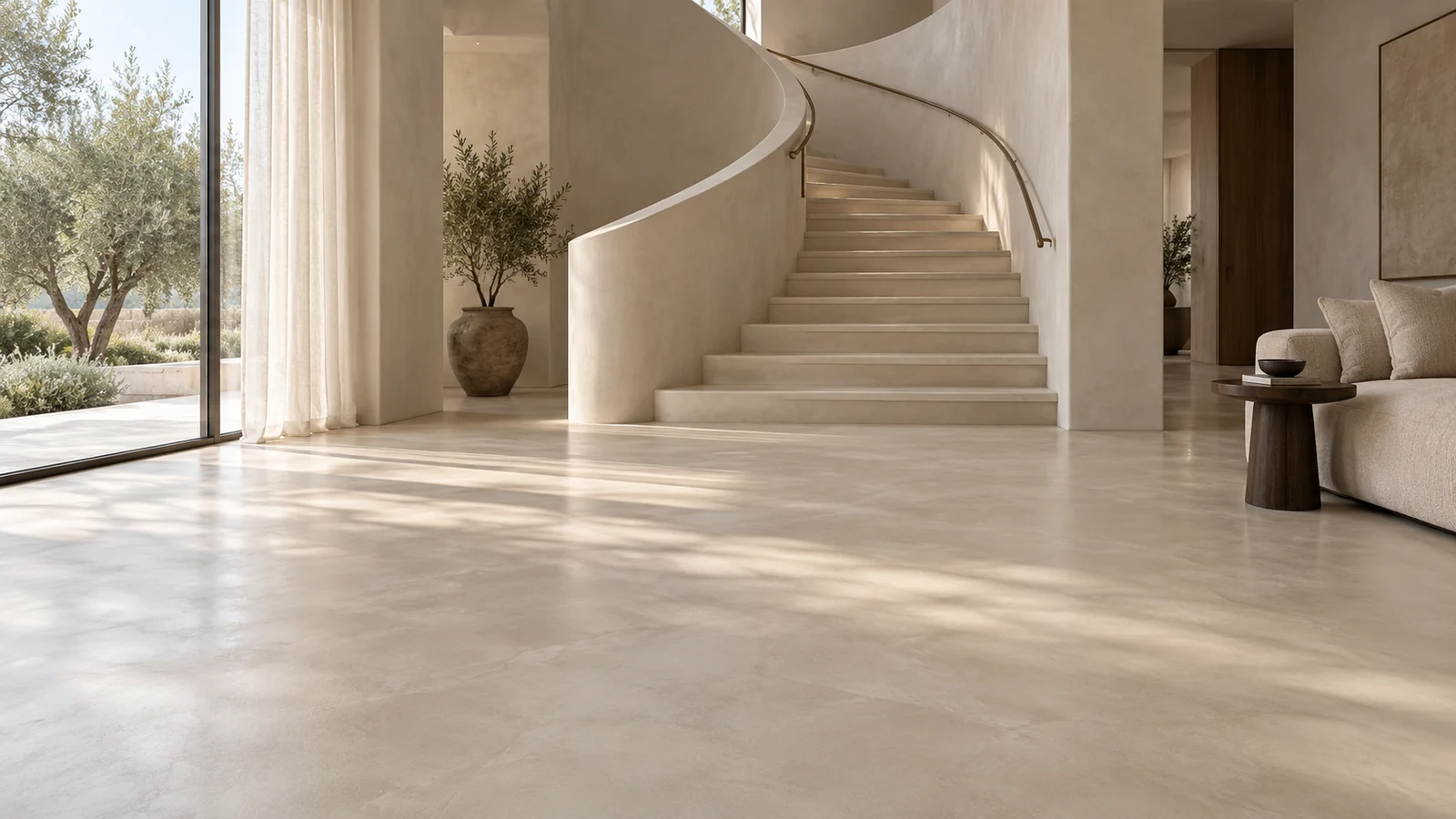 AI concept of a continuous greige microtopping floor and curved staircase in a spacious living interior.
