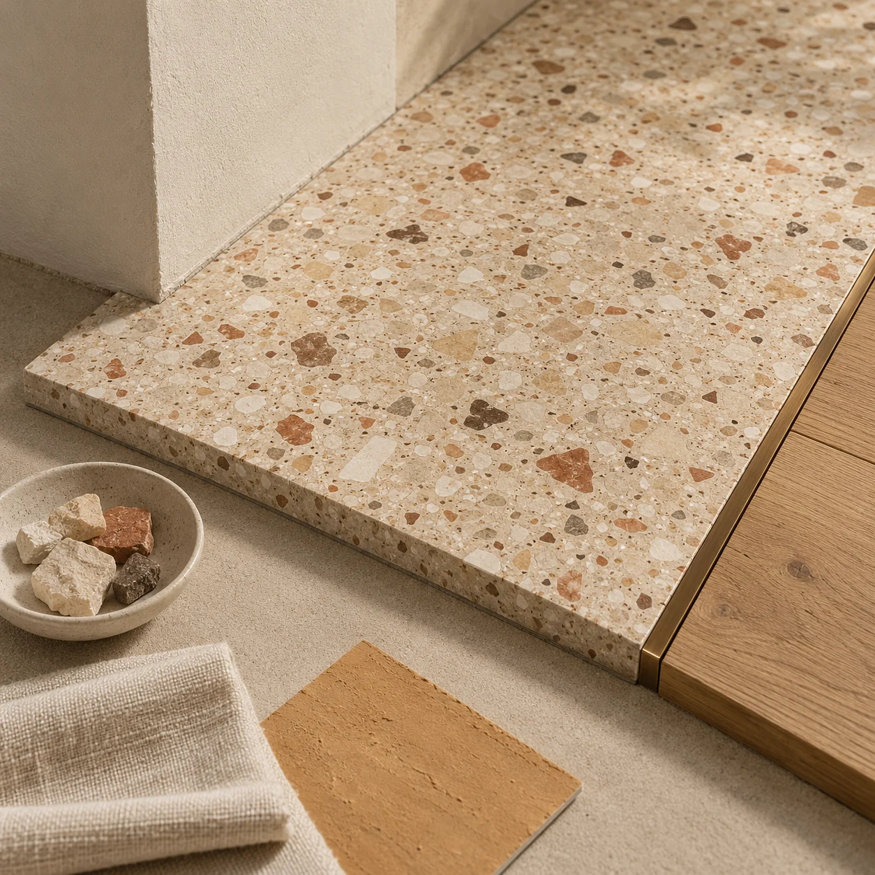 AI material study of warm-bone terrazzo, a plaster-wall junction, bronze separator, and timber transition.