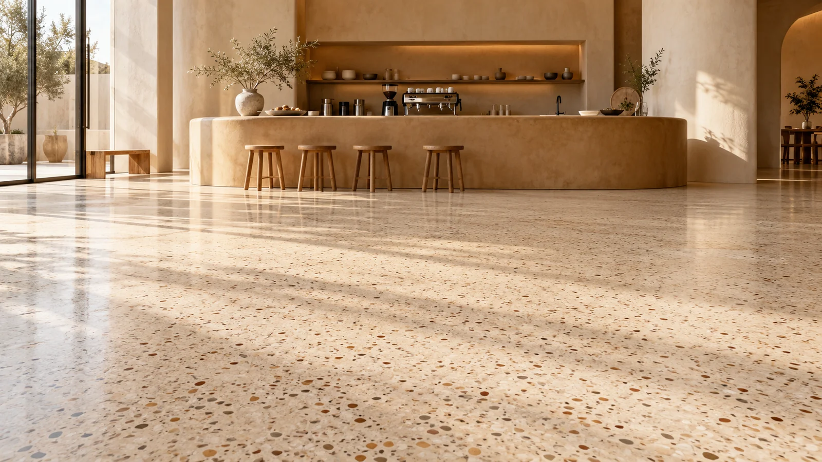 AI concept of a boutique cafe with a continuous warm-bone terrazzo floor and ochre counter.