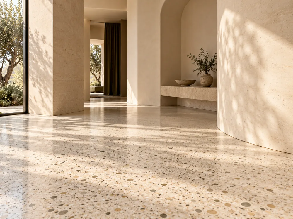 AI application study showing terrazzo running through a curved, light-filled interior.
